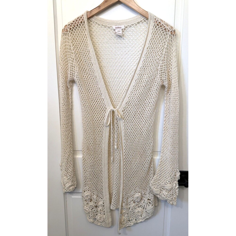 Vtg Y2K Sundance Crochet Open Mesh Floral Sweater Bathing Suit Cover Up S Cream